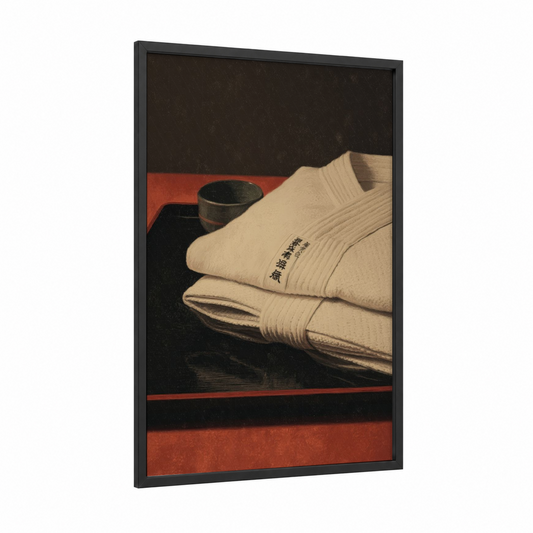 Aikido Gi Ritual framed art print — black wood frame — cream and espresso palette