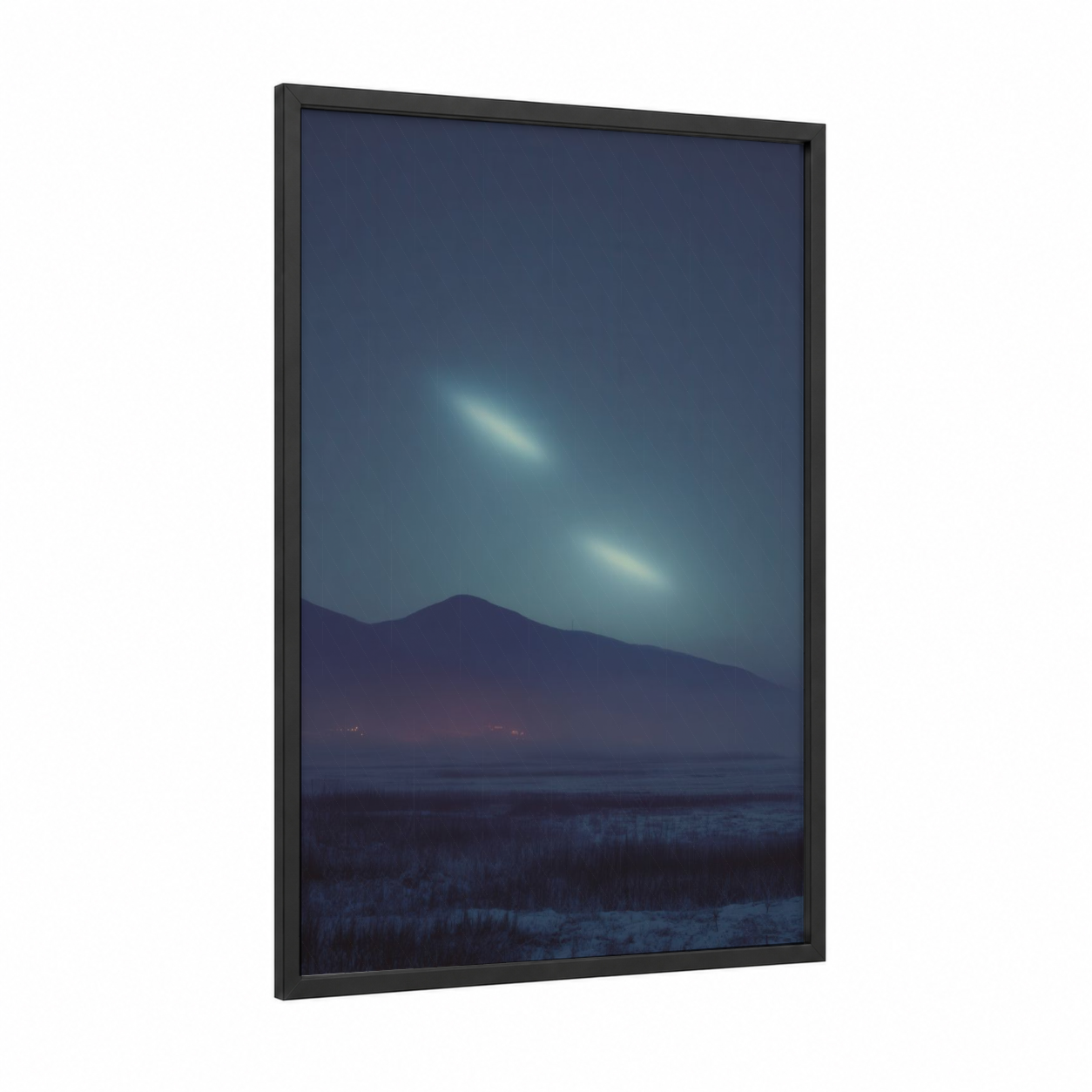 Twilight UFO Encounter framed art print — black wood frame — blue and dark blue palette