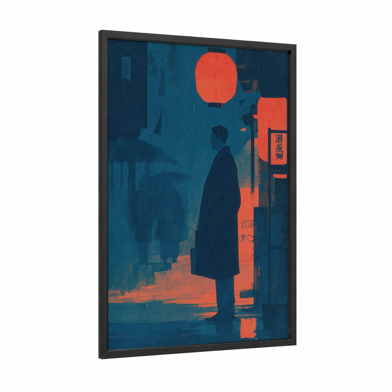 Neon Solitude framed fashion illustration print — black wood frame — dark blue and red palette