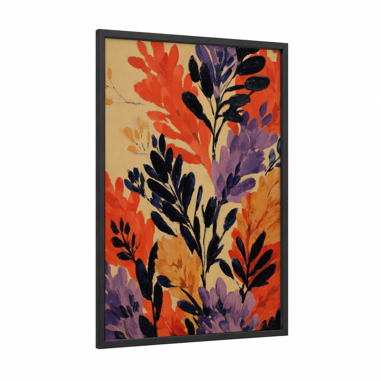 Crimson Grain Stalks framed art print — black wood frame — red and gold palette
