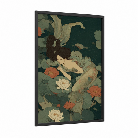 Lotus Mermaid framed art print — black wood frame — dark green and peach palette
