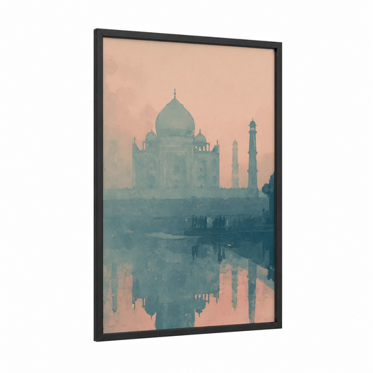Misty Taj Mahal framed art print — black wood frame — peach and sage green palette