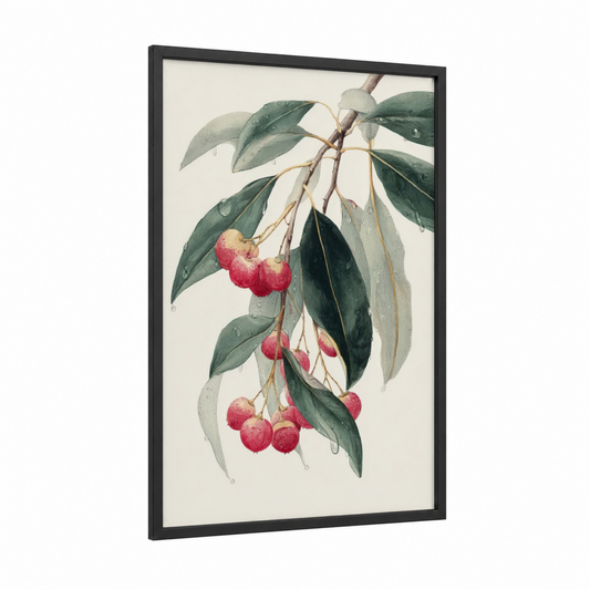 Crimson Arbutus framed arbutus tree print — black wood frame — red and dark green palette