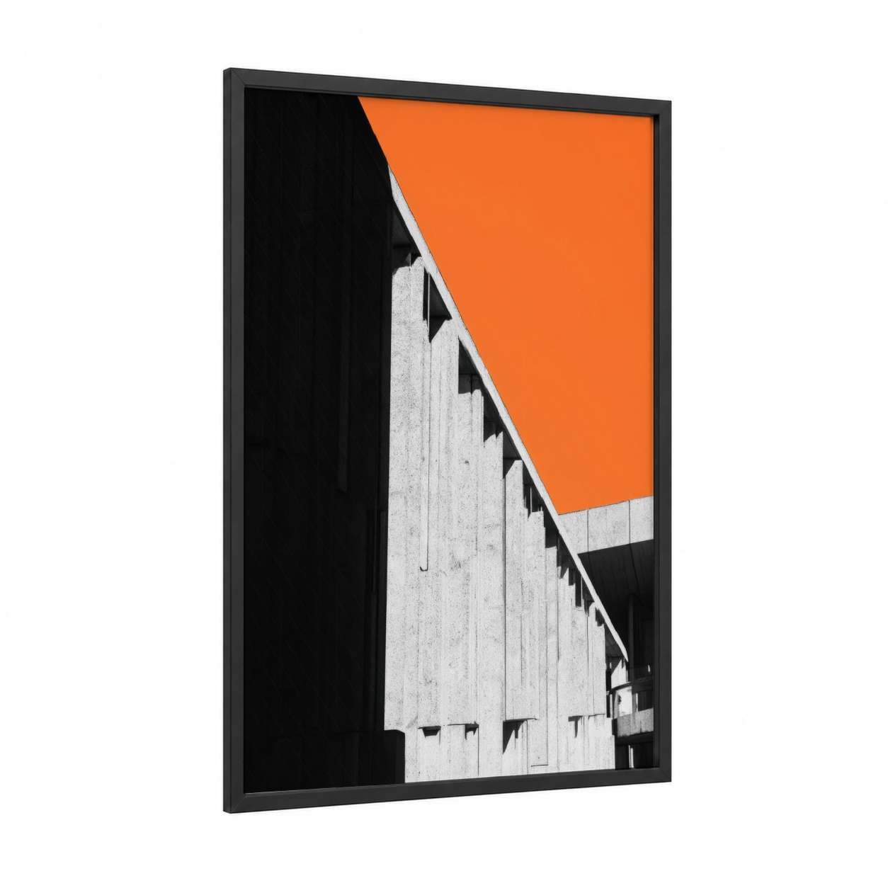 Brutalist Geometry framed abstract architecture print — black wood frame — orange and black and white palette