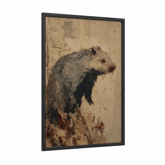 Contemplative Wombat framed art print — black wood frame — beige and black and white palette