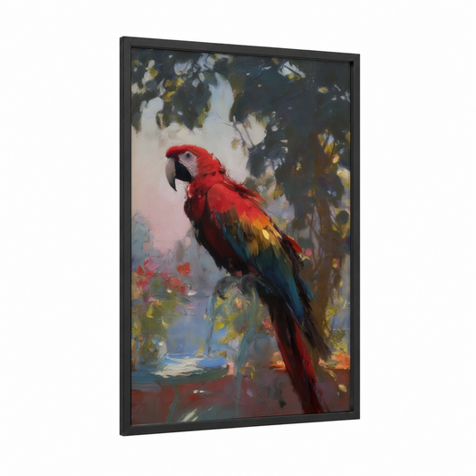 Crimson Macaw framed art print — black wood frame — red and gold palette