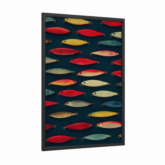 Vintage Lure Collection framed fishing print — black wood frame — red and gold palette