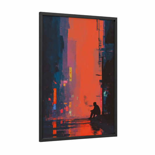 Neon Solitude framed smoke print — black wood frame — orange and blue palette