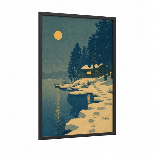 Snowy Lake Cabin framed lakes print — black wood frame — dark blue and gold and white palette