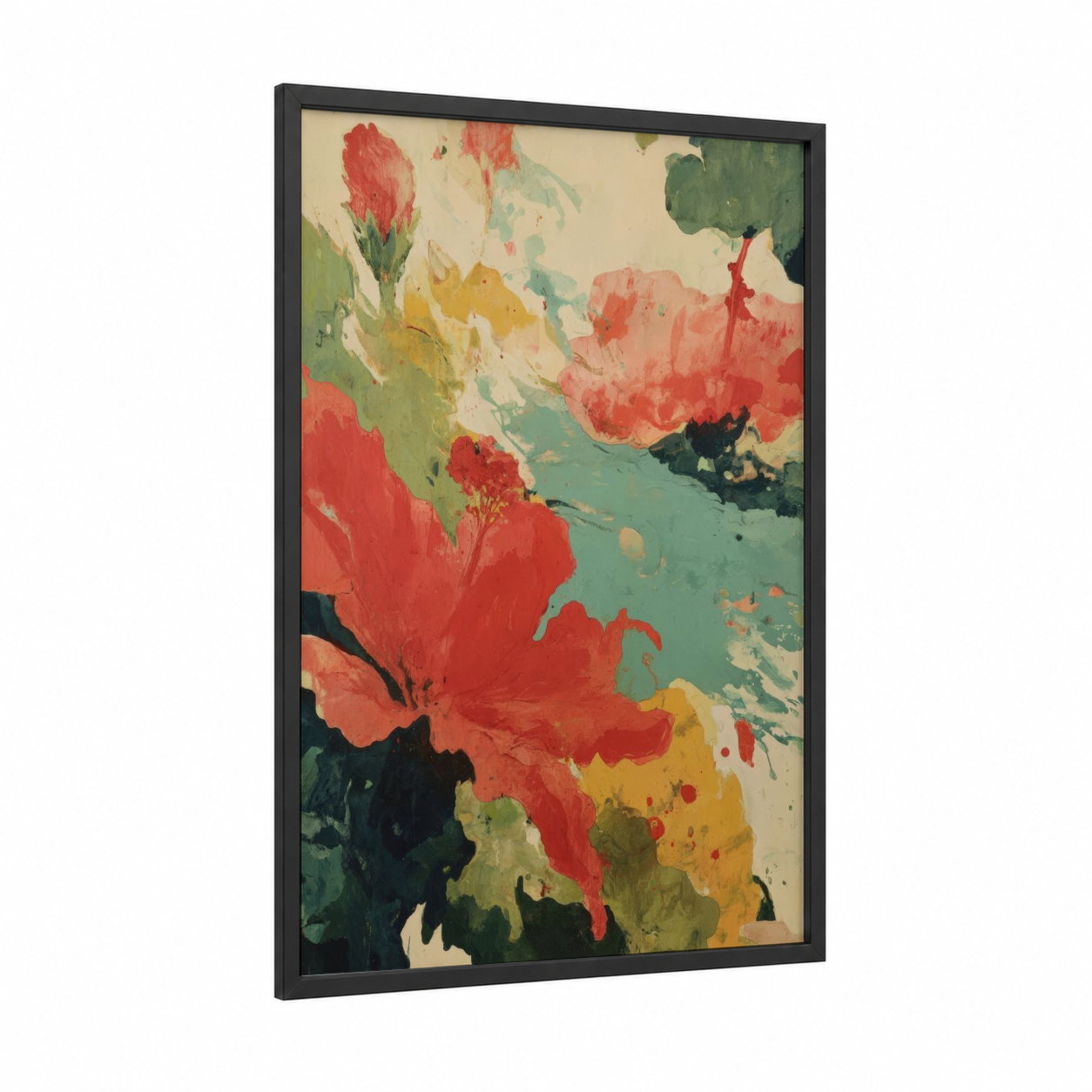 Crimson Hibiscus Blooms framed art print — black wood frame — red and teal palette