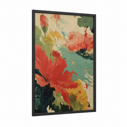 Crimson Hibiscus Blooms framed art print — black wood frame — red and teal palette