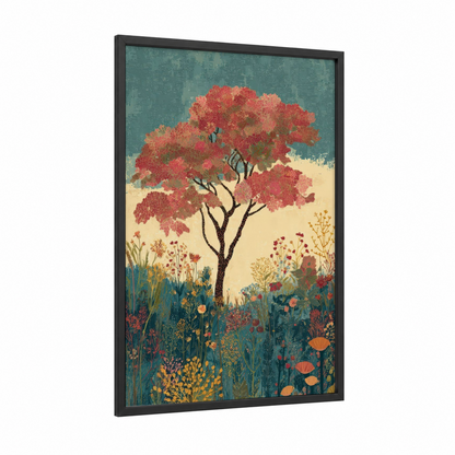 Crimson Arbutus framed arbutus tree print — black wood frame — teal and russet palette