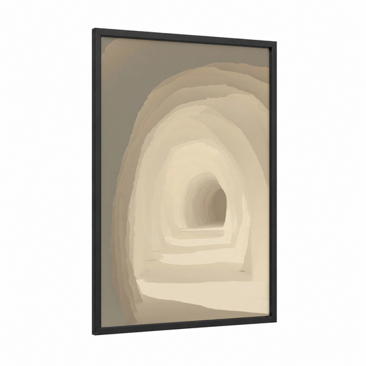 Minimal Tunnel framed art print — black wood frame — cream and gray and white palette