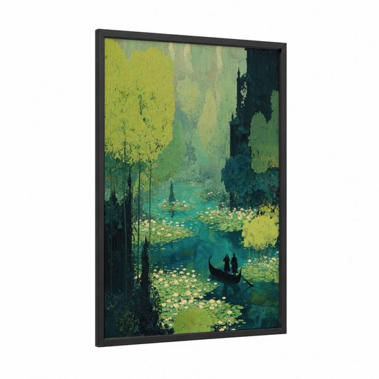 Enchanted Canal framed gondola print — black wood frame — teal and yellow gold palette