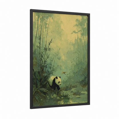 Misty Bamboo Panda framed art print — black wood frame — light green and yellow gold palette