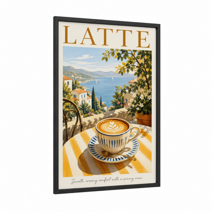 Mediterranean Coffee Terrace Wall Art framed art print — black wood frame — gold and blue palette