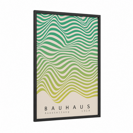 Flowing Waves Bauhaus framed abstract geometric print — black wood frame — true green and cream palette