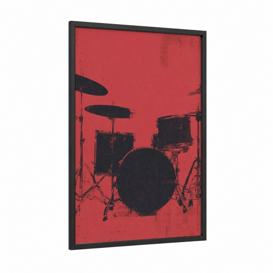 Crimson Drum Kit framed drums print — black wood frame — red and black palette