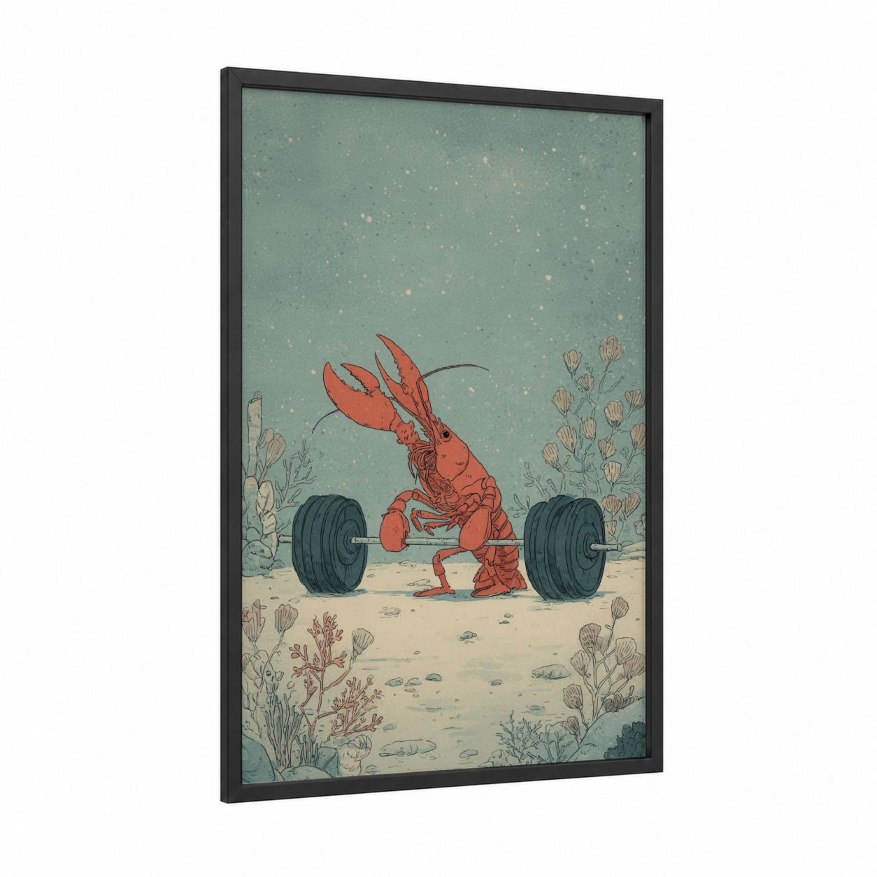 Weightlifting Lobster framed art print — black wood frame — sage green and red palette