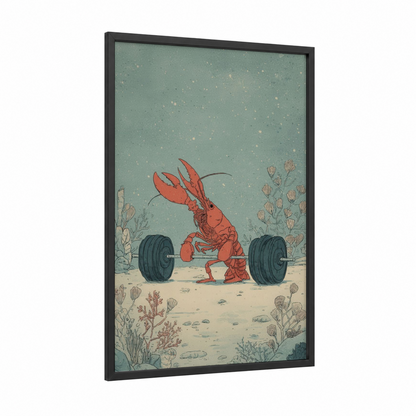 Weightlifting Lobster framed art print — black wood frame — sage green and red palette