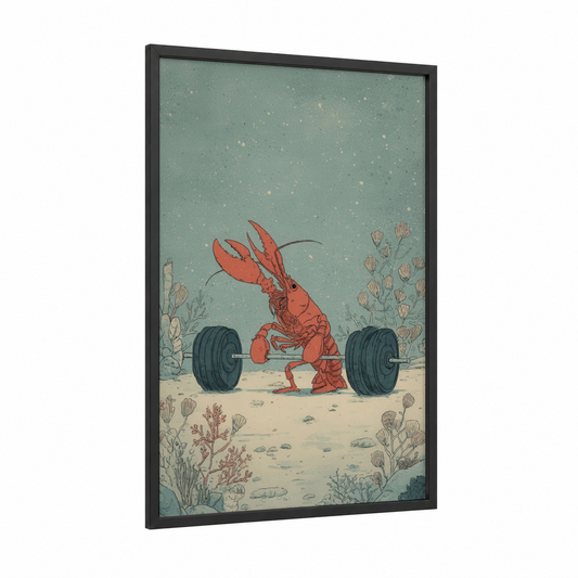 Weightlifting Lobster framed art print — black wood frame — sage green and red palette