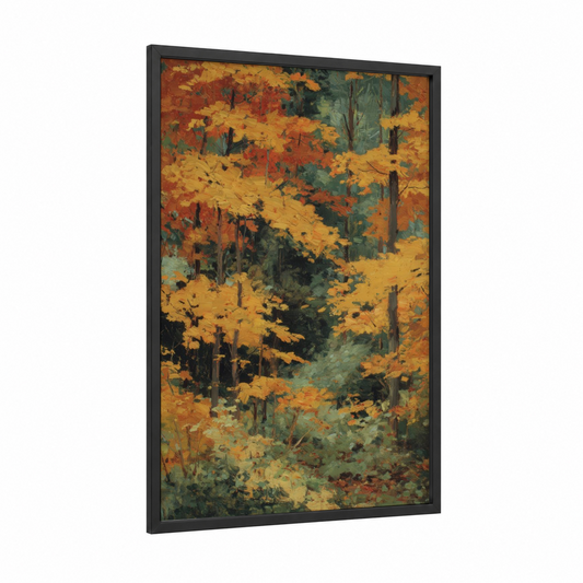 Golden Maple Forest framed art print — black wood frame — gold and dark green palette