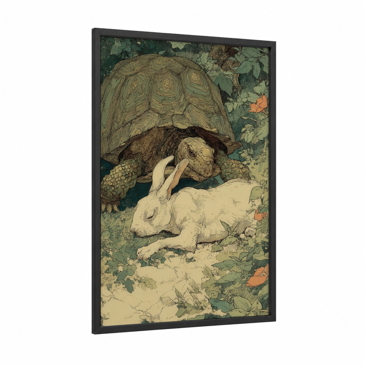 Gentle Turtle Encounter framed art print — black wood frame — sage green and cream palette