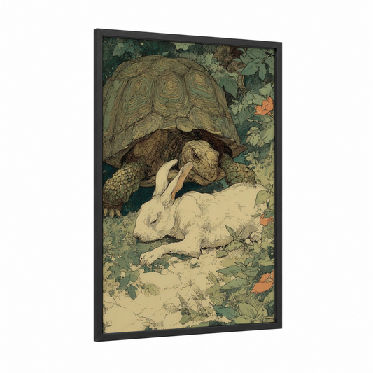Gentle Turtle Encounter framed art print — black wood frame — sage green and cream palette