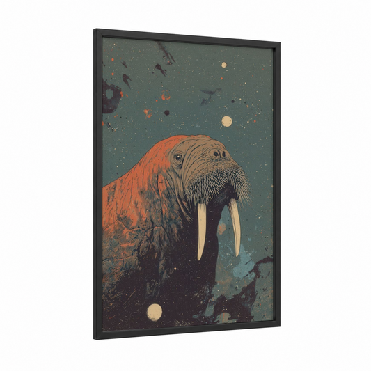 Cosmic Walrus framed art print — black wood frame — teal and russet palette