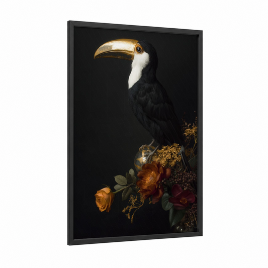 Golden Toucan framed art print — black wood frame — gold and black palette