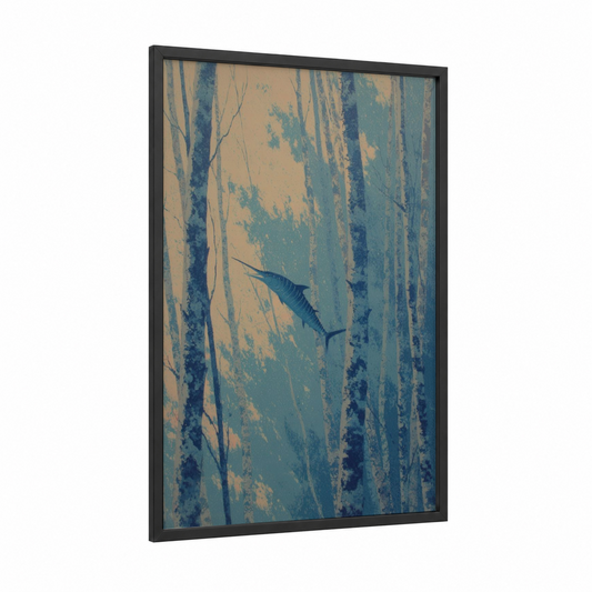 Striped Marlin framed art print — black wood frame — blue and beige palette