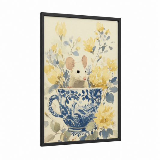 Teacup Mouse framed mice print — black wood frame — cream and yellow gold palette
