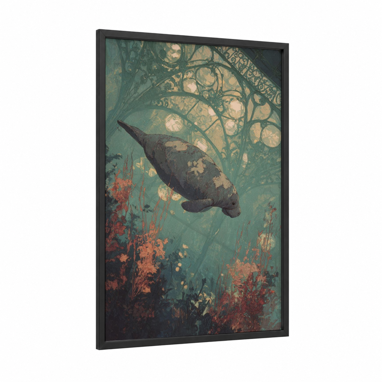 Serene Manatee framed manatees print — black wood frame — sage green and peach palette