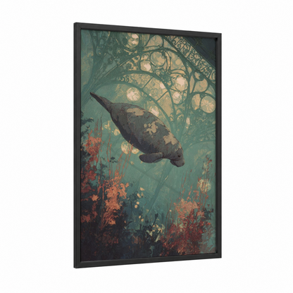 Serene Manatee framed manatees print — black wood frame — sage green and peach palette