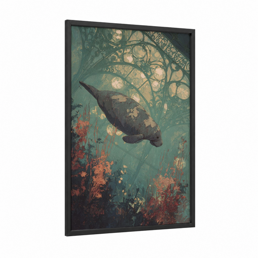 Serene Manatee framed manatees print — black wood frame — sage green and peach palette