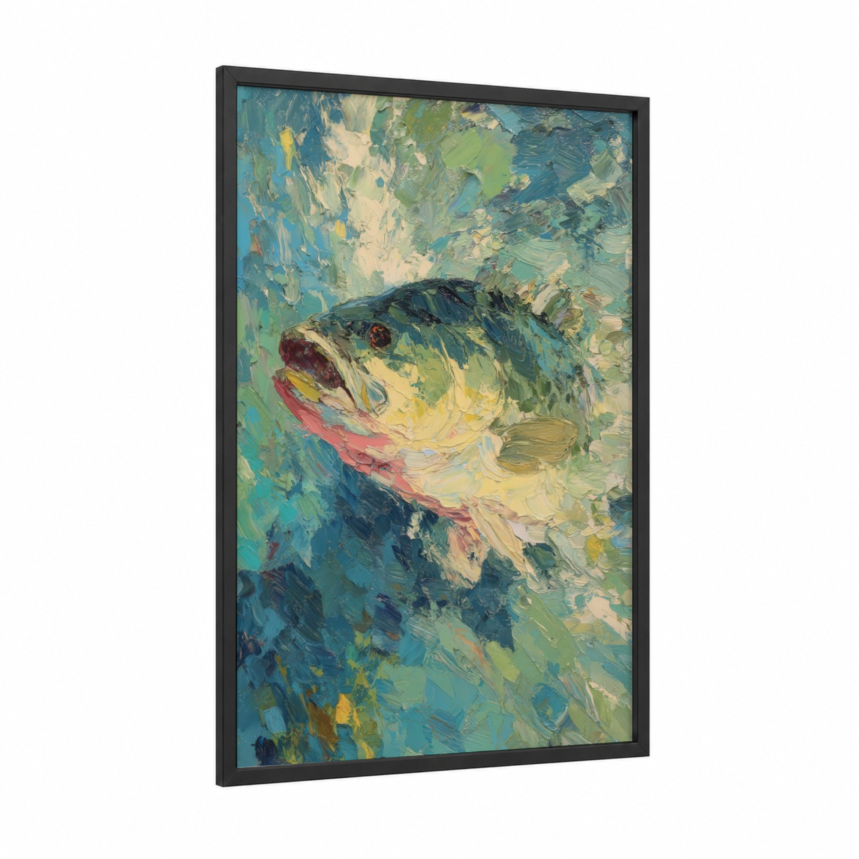Striking Bass framed art print — black wood frame — turquoise and yellow gold palette
