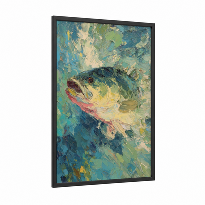 Striking Bass framed art print — black wood frame — turquoise and yellow gold palette