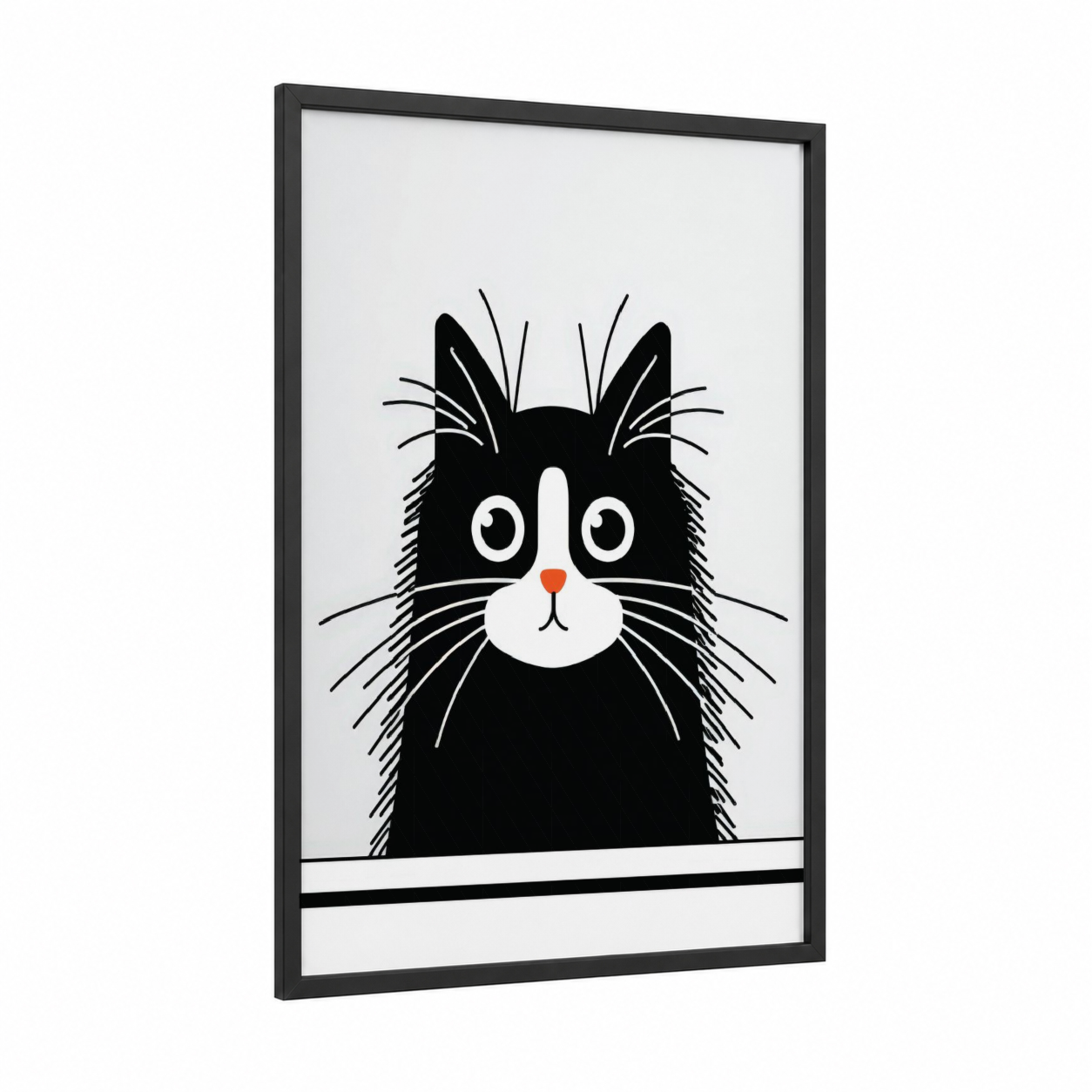 Curious Black Cat framed art print — black wood frame — black and white palette