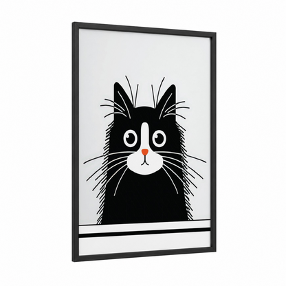 Curious Black Cat framed art print — black wood frame — black and white palette
