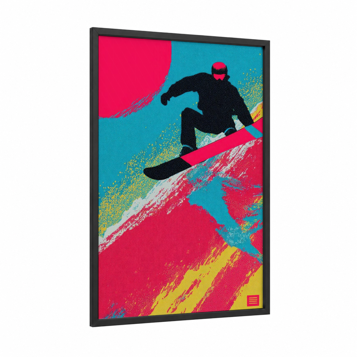 Neon Shredder framed snowboarding print — black wood frame — magenta and turquoise palette