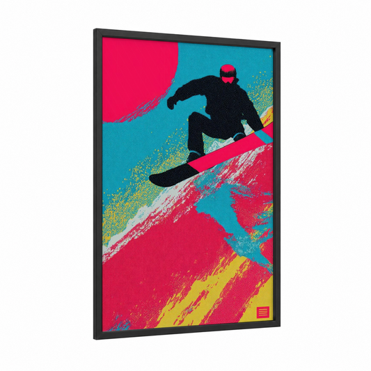 Neon Shredder framed snowboarding print — black wood frame — magenta and turquoise palette