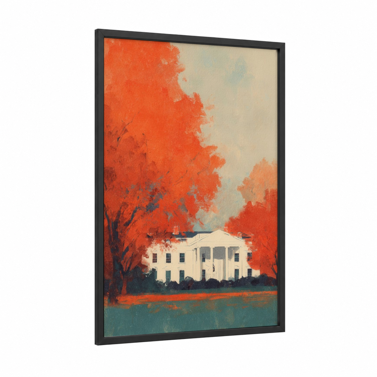 Autumn White House framed art print — black wood frame — red and teal palette