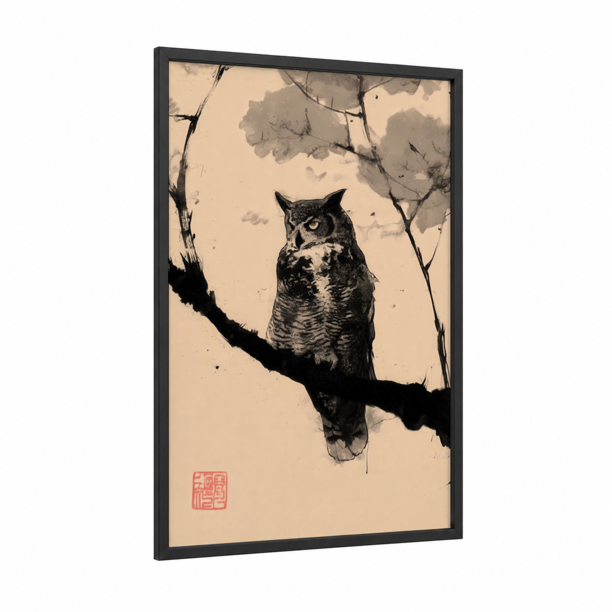 Nocturnal Sentinel Owl framed art print — black wood frame — black and white and cream palette