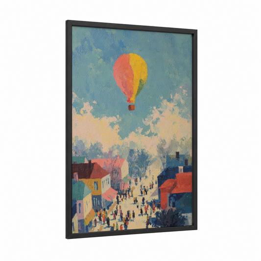 Vintage Balloon Festival framed hot air baloon print — black wood frame — blue and gold palette