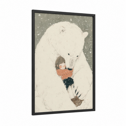 Polar Embrace framed art for girl print — black wood frame — cream and sage green palette