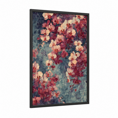 Vintage Orchid Garden framed art print — black wood frame — rose gold and blue and gray palette