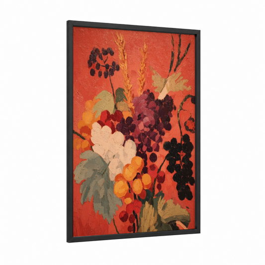 Autumn Grain Harvest framed art print — black wood frame — red and gold palette