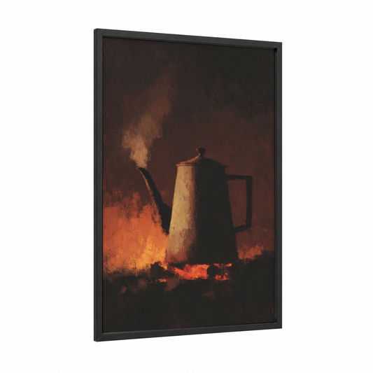 Campfire Kettle framed camping print — black wood frame — orange and black palette