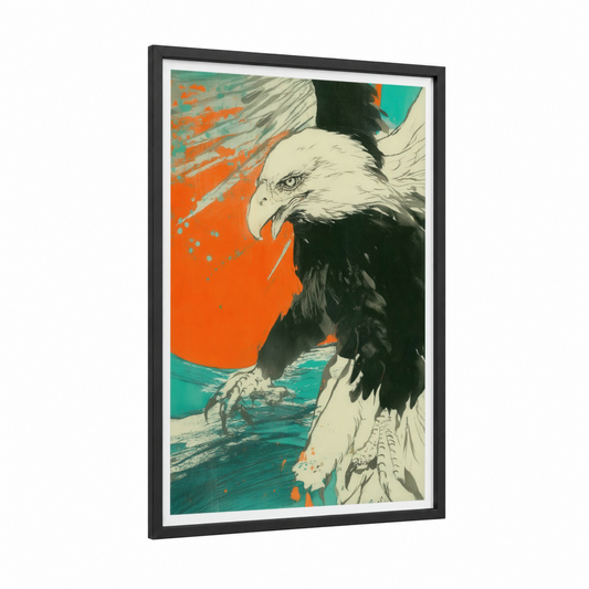 Soaring Eagle framed art print — black wood frame — orange and teal palette