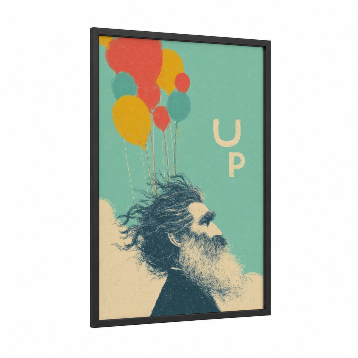 Uplifting Hair Movement framed art print — black wood frame — teal and red palette
